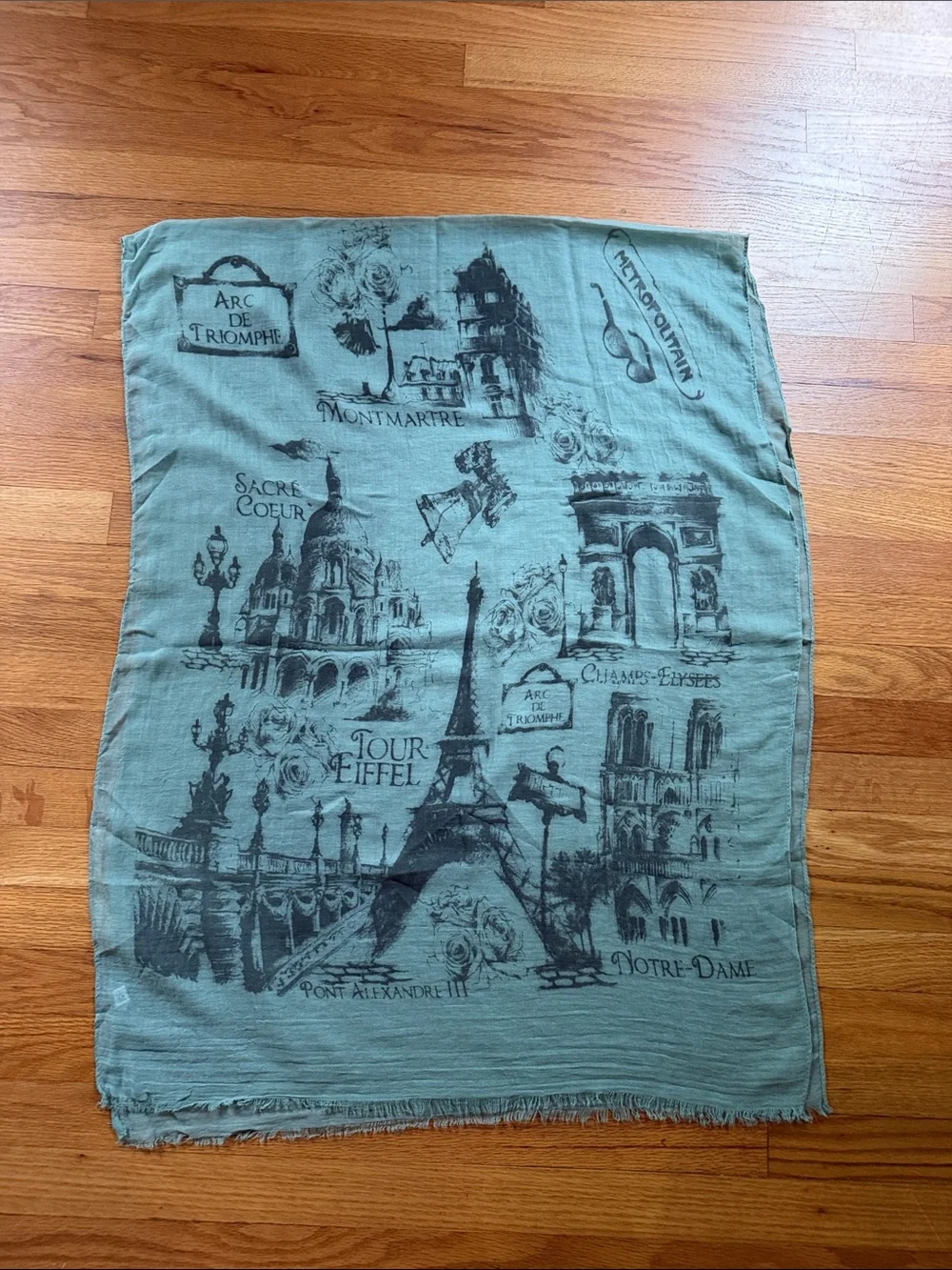 Vintage Paris Landmark Print Wrap Scarf Sage Green Grey Eiffel Tower